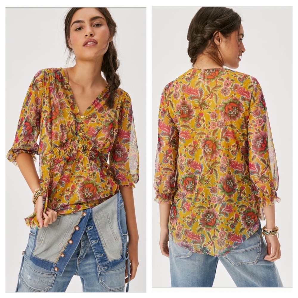 Anthropologie Yellow Floral V-Neck Sheer Blouse